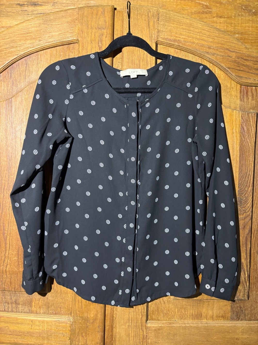 LOFT Black Button-Front Polka Dot Blouse
